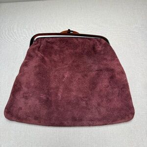Vintage Burgundy Suede Clutch With Plastic Tortoise Frame and Kiss Lock
